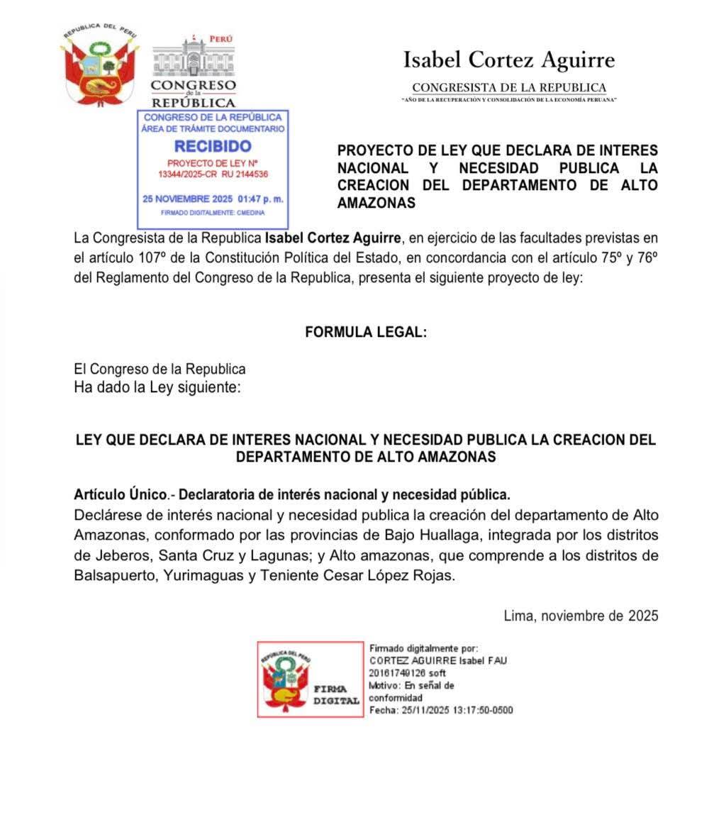 Se oficializa Proyecto de Ley que declara de interés nacional la creación del Departamento de Alto Amazonas proyecto de ley que declara de interés nacional la creación del departamento de alto amazonas yurimaguas